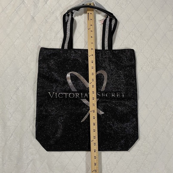 Victoria’s Secret Sparkling Black Canvas Tote Bag Silver Logo Shimmer Straps NWT - Picture 6 of 8